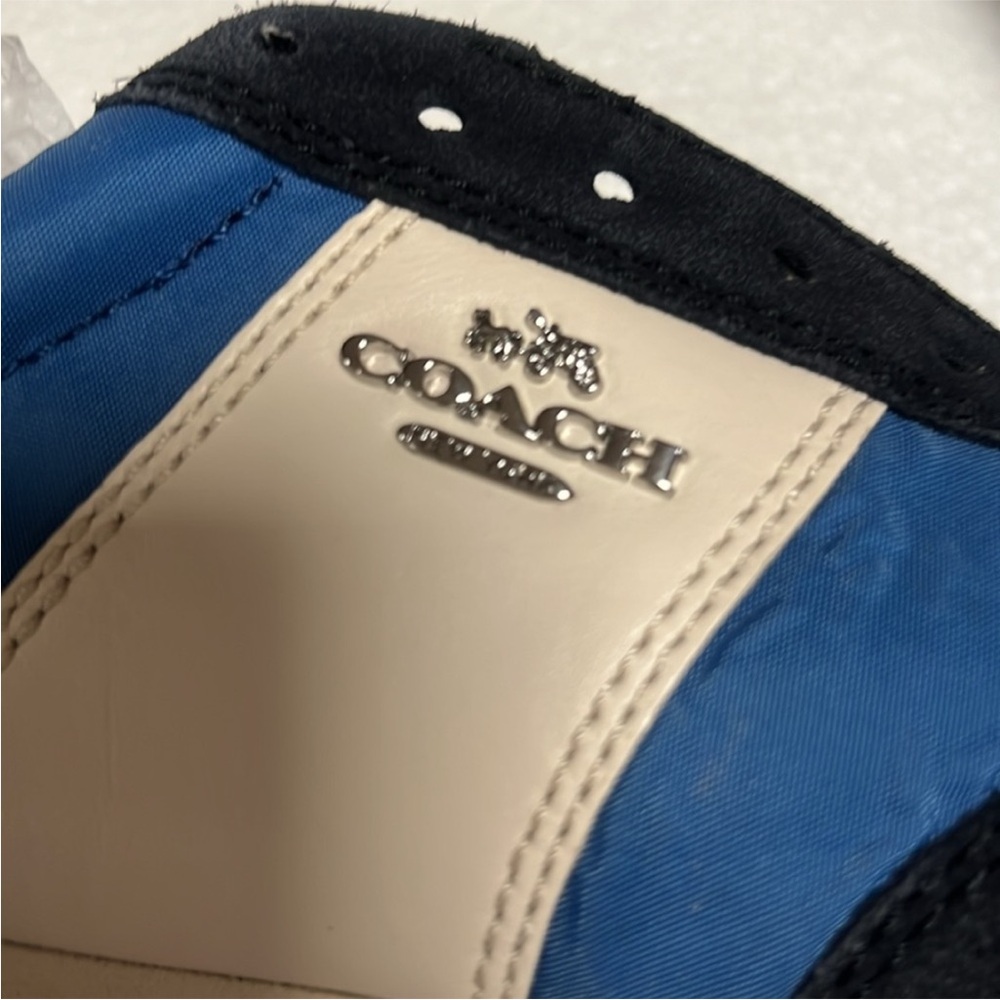 🆕 Coach leather logo trainer Blue and White Sneakers no shoelaces - Picture 7 of 10